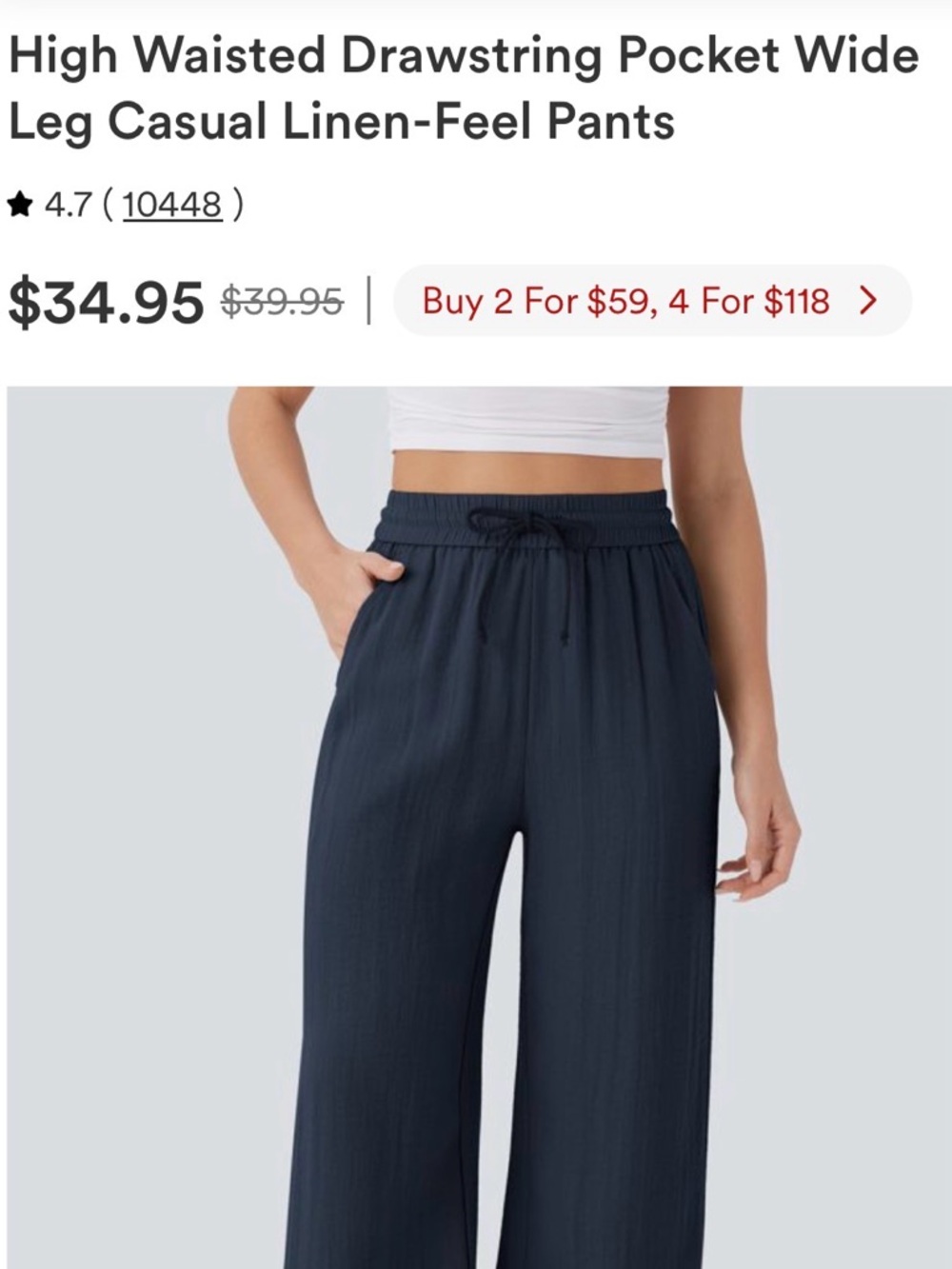 Halara High Waisted Drawstring Pocket Wide Leg Casual Linen-Feel Pants - Picture 3 of 3